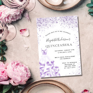 Quinceanera violet white dress glitter  invitation