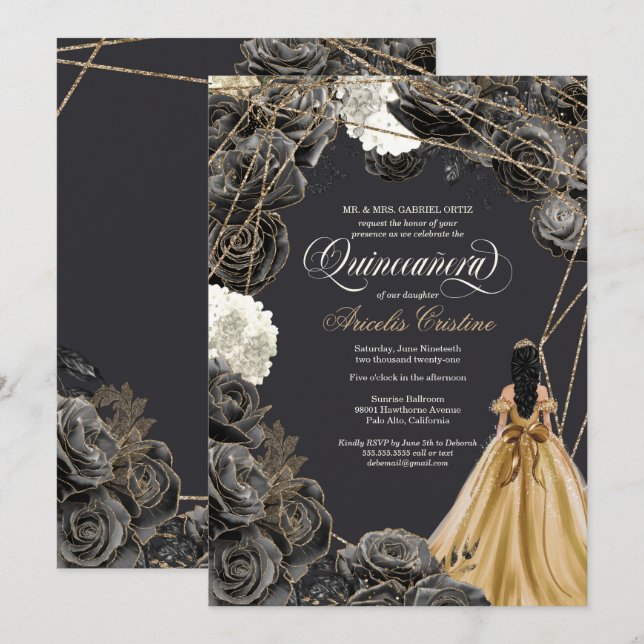 Quinceañera w Black Roses, Gold Gown, & Glitter Invitation (Front/Back)