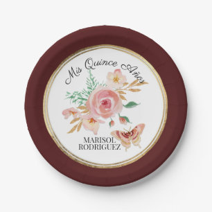 Quinceanera Watercolor Burgundy Floral w Butterfly Paper Plate