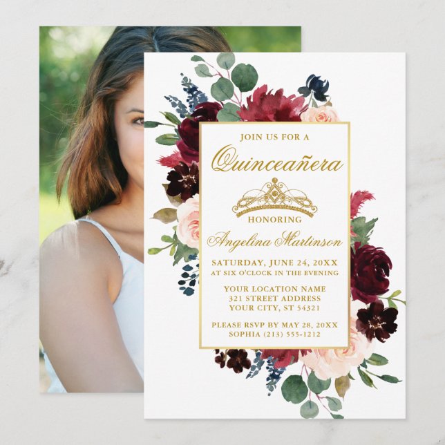 Quinceanera Watercolor Burgundy Pink Floral Photo Invitation (Front/Back)