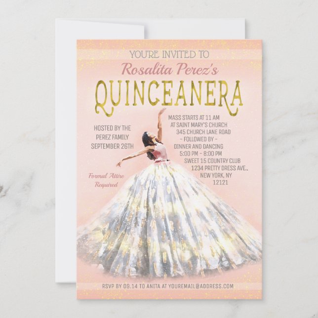 Quinceanera Watercolor Dress Blush Pink Gold Fancy Invitation (Front)