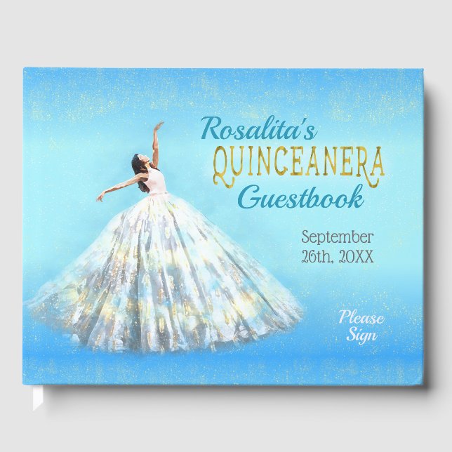 Quinceanera Watercolor Dress Royal Blue Gold Name Guest Book (Front)