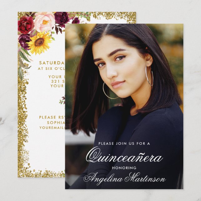 Quinceanera Watercolor Floral Gold Glitter Photo Invitation (Front/Back)