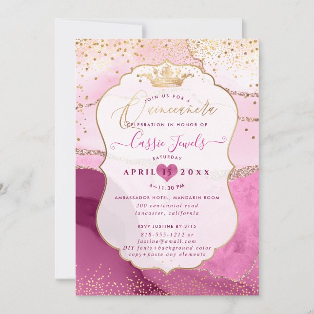 Quinceanera, Watercolor Pink Agate Faux Gold Invitation (Back)