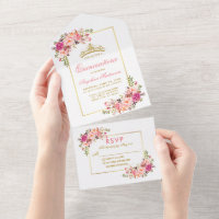 Quinceanera Watercolor Pink Floral Gold Crown