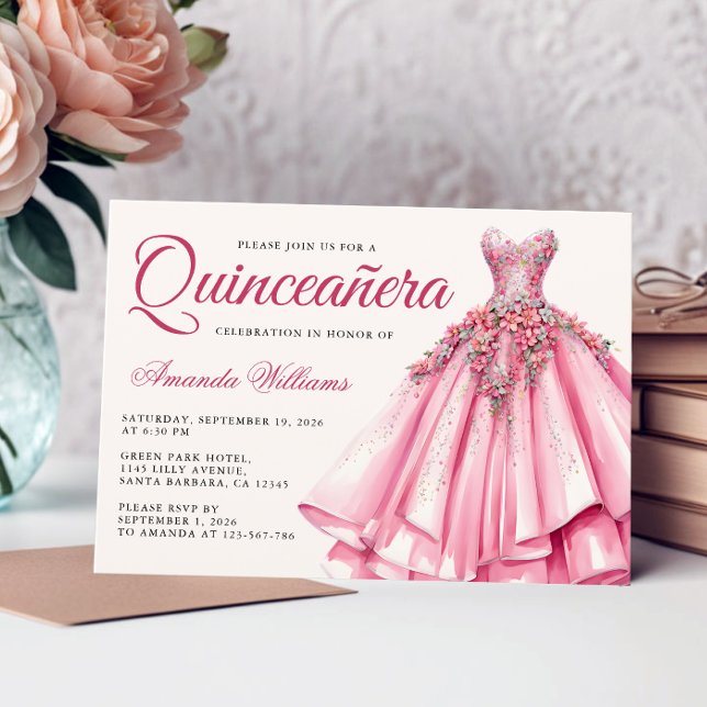 Quinceanera Watercolor Rose Gold Gown Invitation (Creator Uploaded)