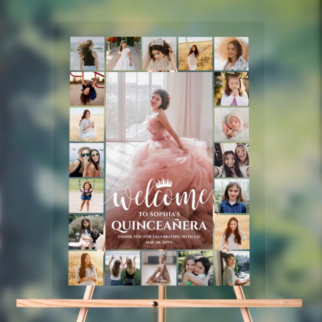 Quinceañera Welcome Photo Collage 15th Birthday Acrylic Sign (Neutral)