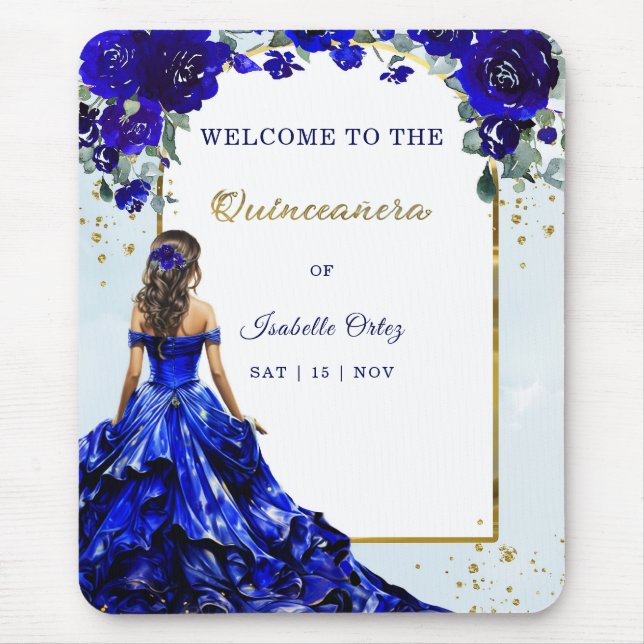 Quinceañera Welcome Royal Blue and Gold Mouse Pad (Front)