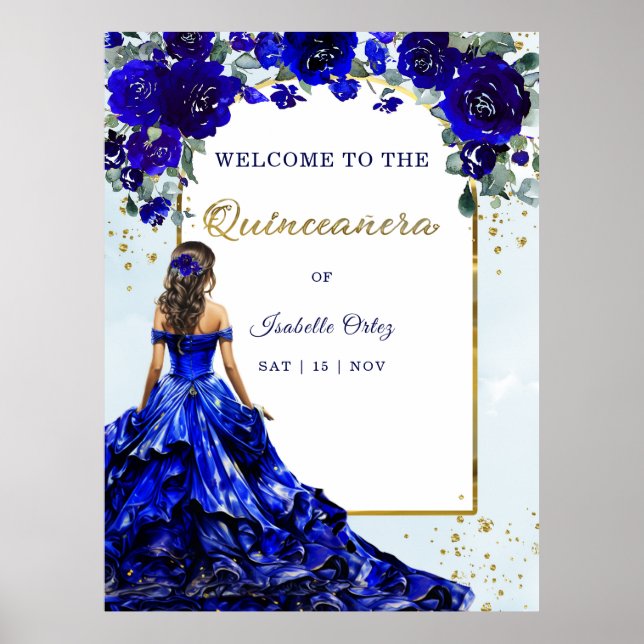 Quinceañera Welcome Royal Blue and Gold Poster (Front)