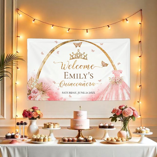 Quinceanera Welcome Sign Banner | Boho Pink Floral (Creator Uploaded)