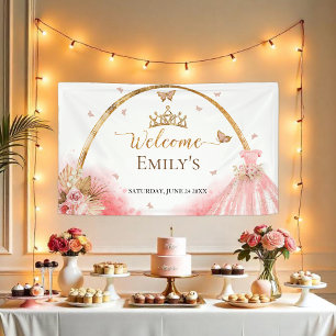 Quinceanera Welcome Sign Banner Boho Pink Floral