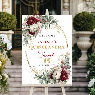 Quinceanera Welcome Sign Boho Burgundy Floral Gold