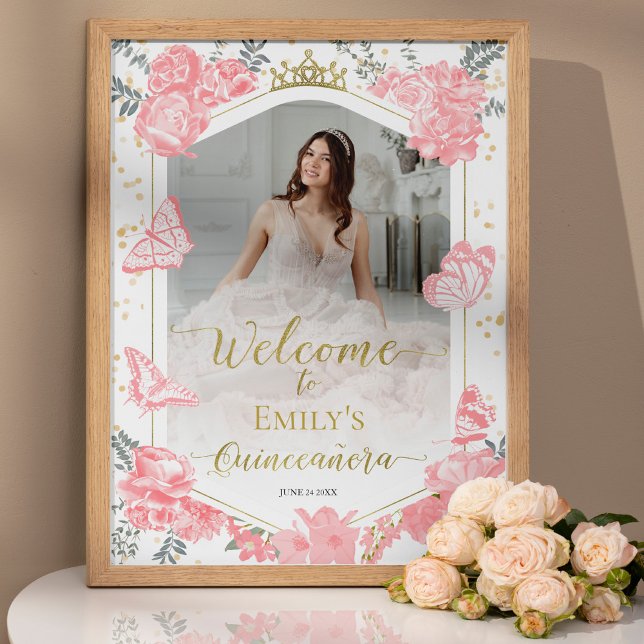 Quinceanera Welcome Sign Pink Dress Floral Gold (Creator Uploaded)