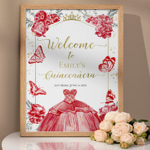 Quinceanera Welcome Sign Red Dress Floral Gold