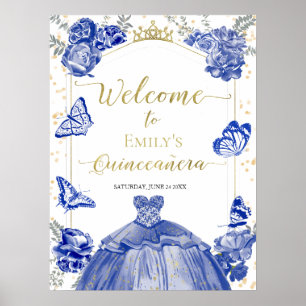 Quinceanera Welcome Sign Royal Blue Dress Floral