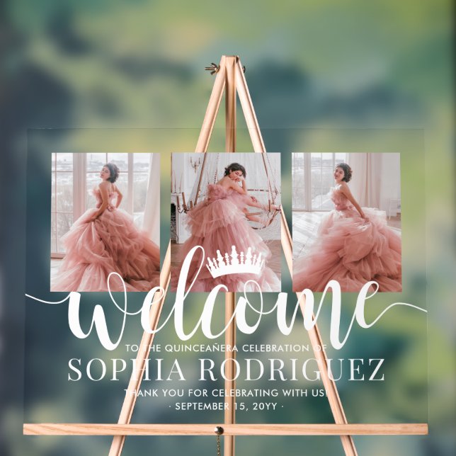 Quinceañera Welcome & Thank You 3 Photo Collage Acrylic Sign (Neutral)