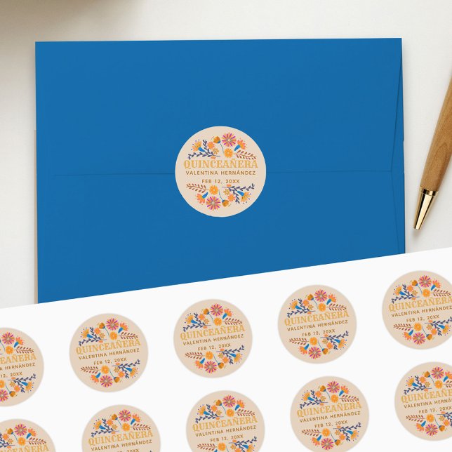 Quinceanera Western Mexican Fiesta Party Classic Round Sticker (Quinceanera stickers with earthy folk art flowers from my Mexican Floral collection)