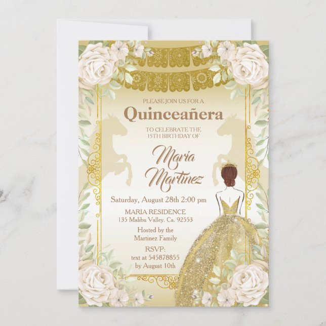 Quinceanera White and Gold Mexican Birthday  Invitation (Front)
