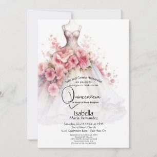 Quinceañera White and Pink Camellia Gown Invitation