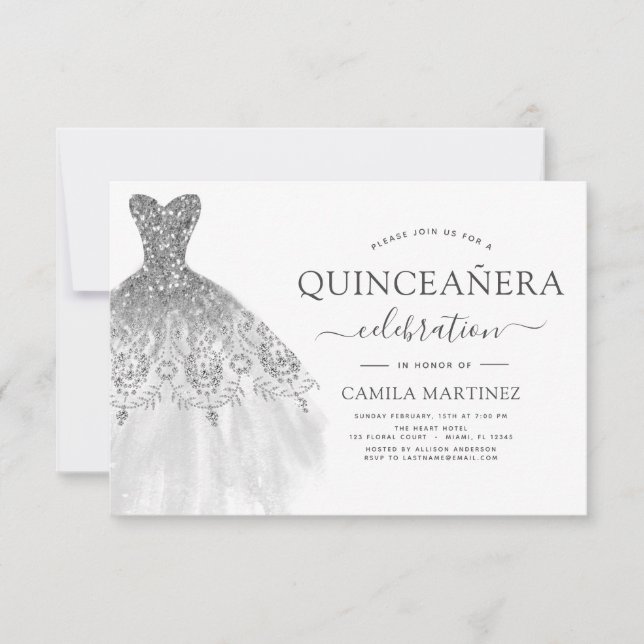 Quinceanera White and Silver Glitter Sparkle Invitation (Front)