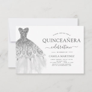Quinceanera White and Silver Glitter Sparkle Invitation
