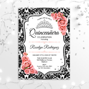 Quinceanera - White Black Damask Blush Pink Invitation
