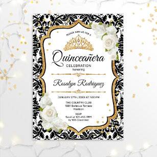 Quinceanera - White Black Damask Gold Invitation