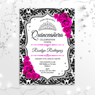 Quinceanera - White Black Damask Pink Silver Invitation
