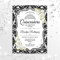 Quinceanera - White Black Damask Silver