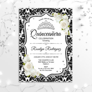 Quinceanera - White Black Damask Silver Invitation