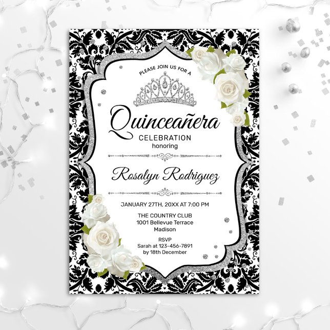 Quinceanera - White Black Damask Silver Invitation (Creator Uploaded)