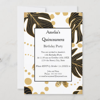 Quinceanera White Black Gold birthday party Invitation