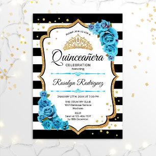 Quinceanera - White Black Gold Blue Invitation
