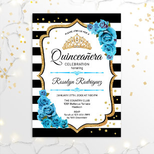 Quinceanera - White Black Gold Blue Invitation
