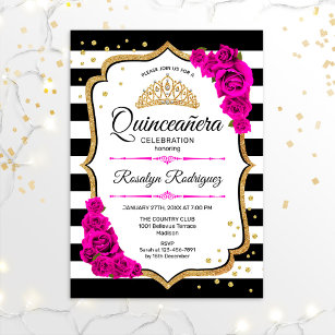 Quinceanera - White Black Pink Gold Invitation