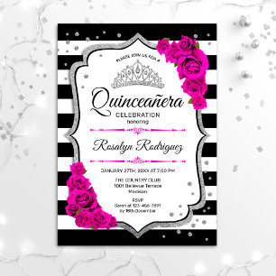 Quinceanera - White Black Pink Silver Invitation