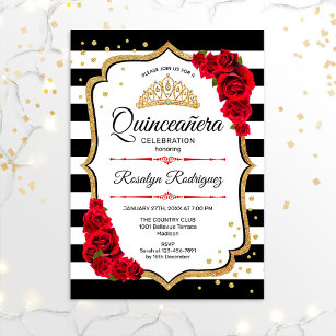 Quinceanera - White Black Red Gold Invitation