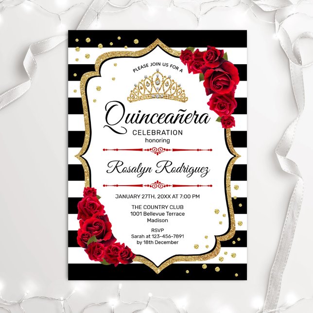 Quinceanera - White Black Red Gold Invitation (Creator Uploaded)