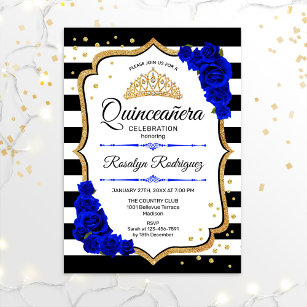 Quinceanera - White Black Royal Blue Gold Invitation