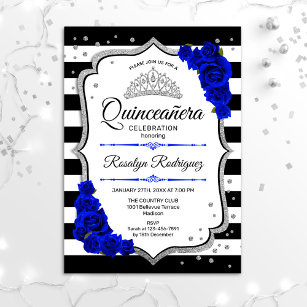 Quinceanera - White Black Royal Blue Silver Invitation