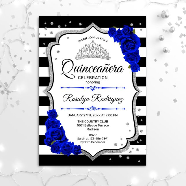 Quinceanera - White Black Royal Blue Silver Invitation (Creator Uploaded)