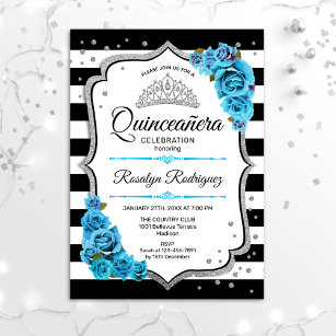 Quinceanera - White Black Silver Blue Invitation