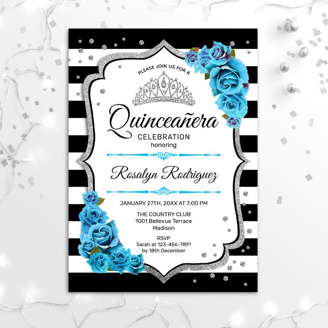 Quinceanera - White Black Silver Blue Invitation (Creator Uploaded)