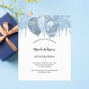 Quinceanera white blue balloons glitter drips invitation