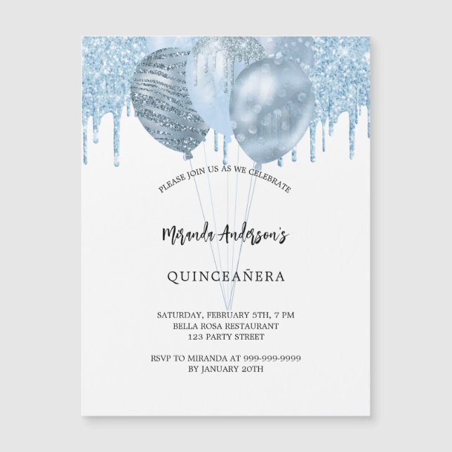 Quinceanera white blue balloons glitter luxury magnetic invitation (Front)
