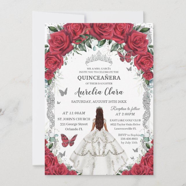 Quinceañera White Dress Red Roses Floral Silver Invitation (Front)