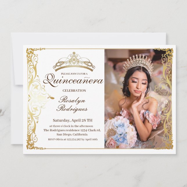 Quinceanera White Gold Beauty Photo Quinceanera  Invitation (Front)