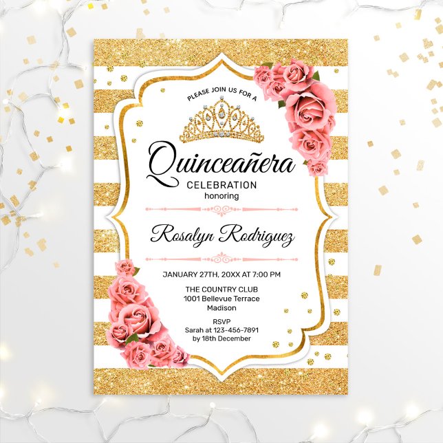 Quinceanera - White Gold Blush Pink Invitation (Creator Uploaded)