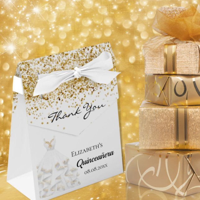 Quinceanera white gold dress thank you favour box (Creator Uploaded)