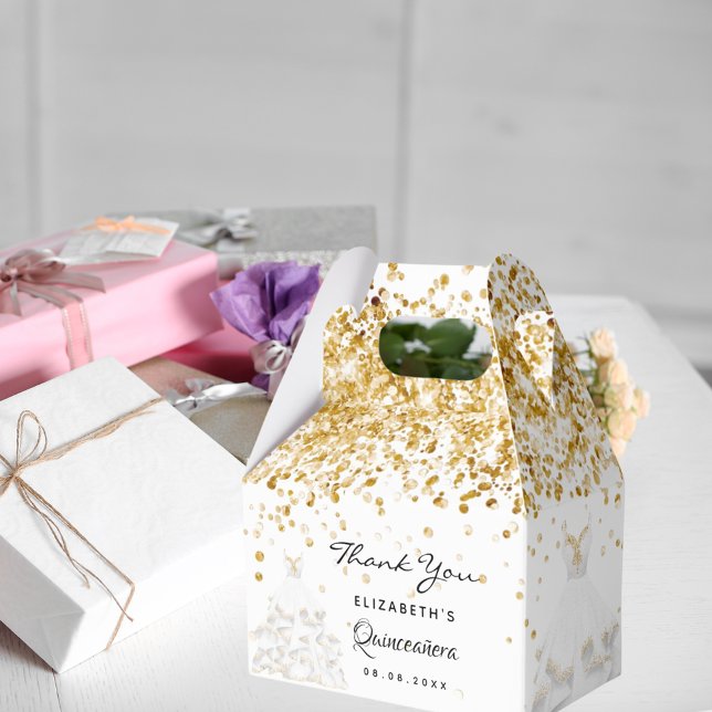 Quinceanera white gold dress thank you favour box (Creator Uploaded)